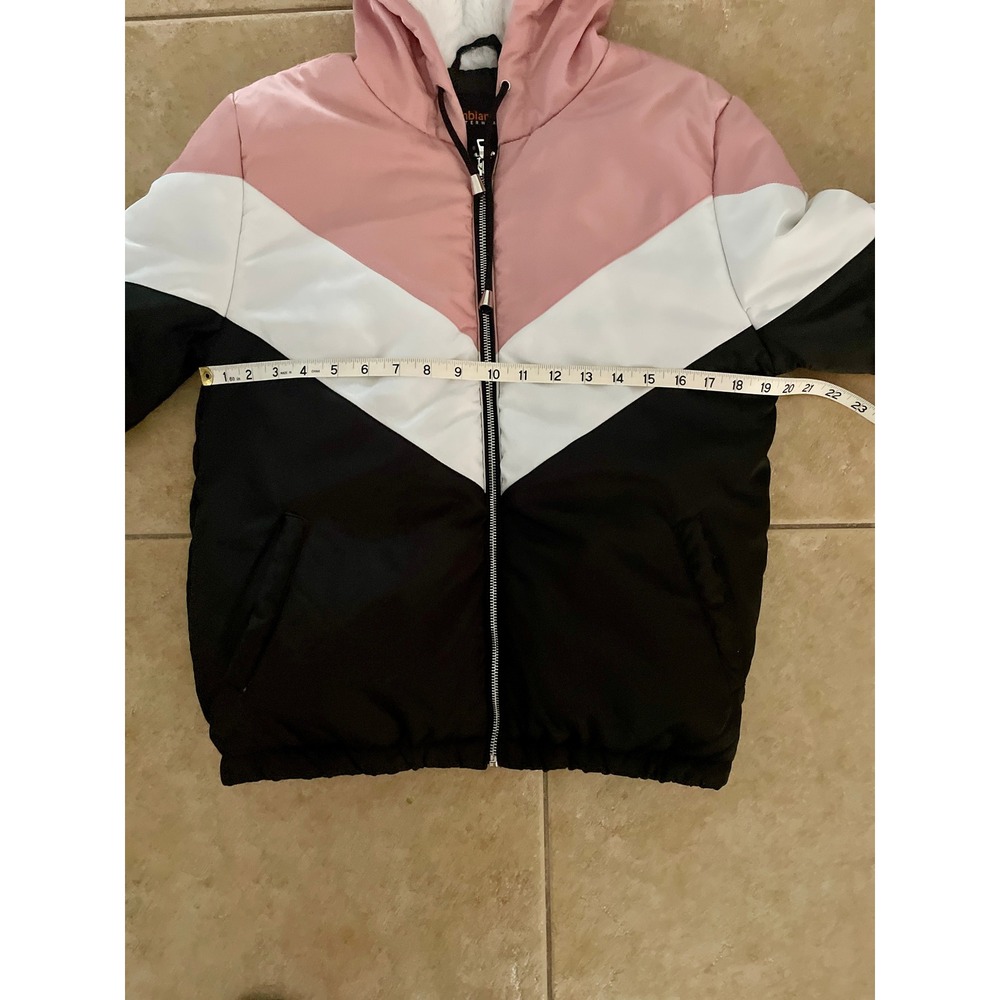 Pink White Black Chevron Colorblock Faux Fur Hooded Puffer Jacket Size S - Picture 6 of 10